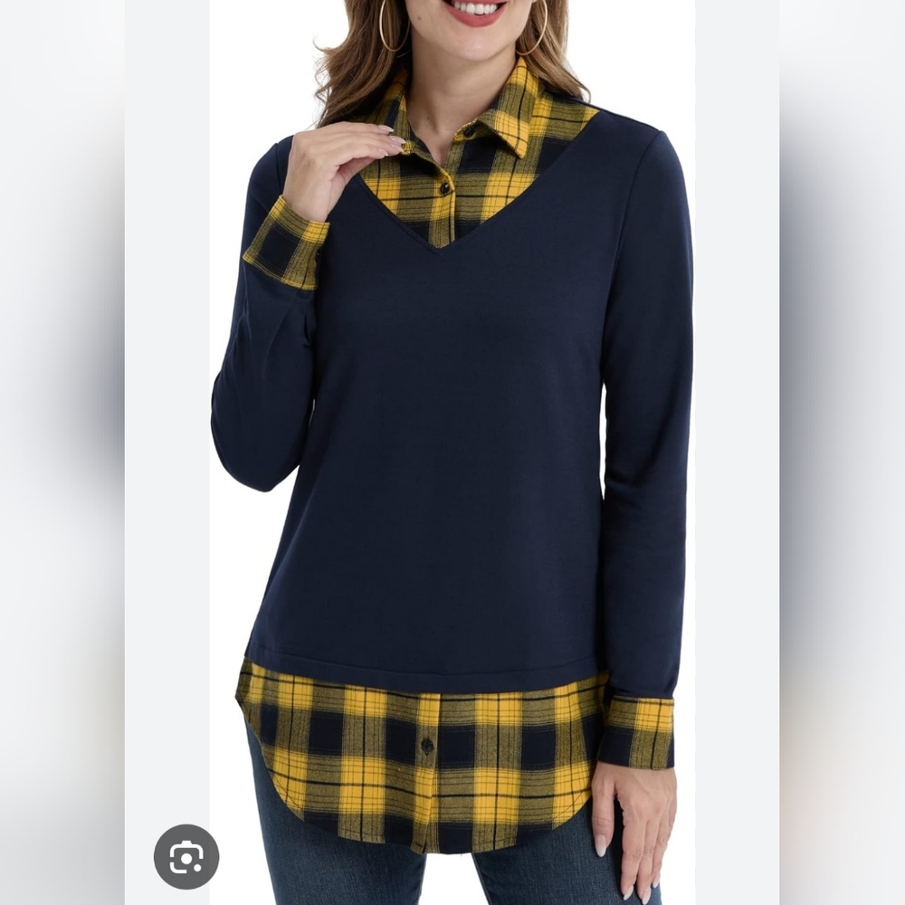 NWT DJT Navy and Yellow Plaid Collared Women's One Piece Top